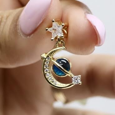 Blue Enamel Crescent Moon with Planet