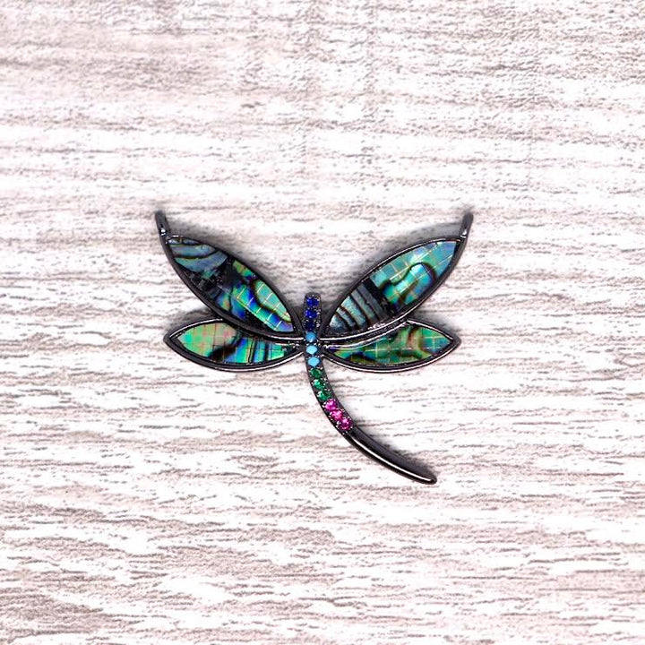 Plated Abalone Micro Pave Dragonfly Pendant