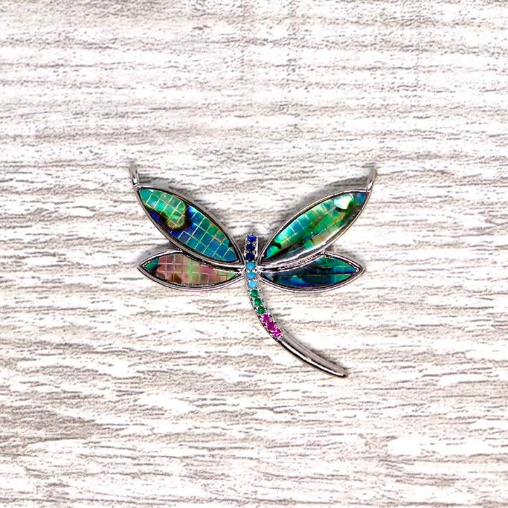 Plated Abalone Micro Pave Dragonfly Pendant