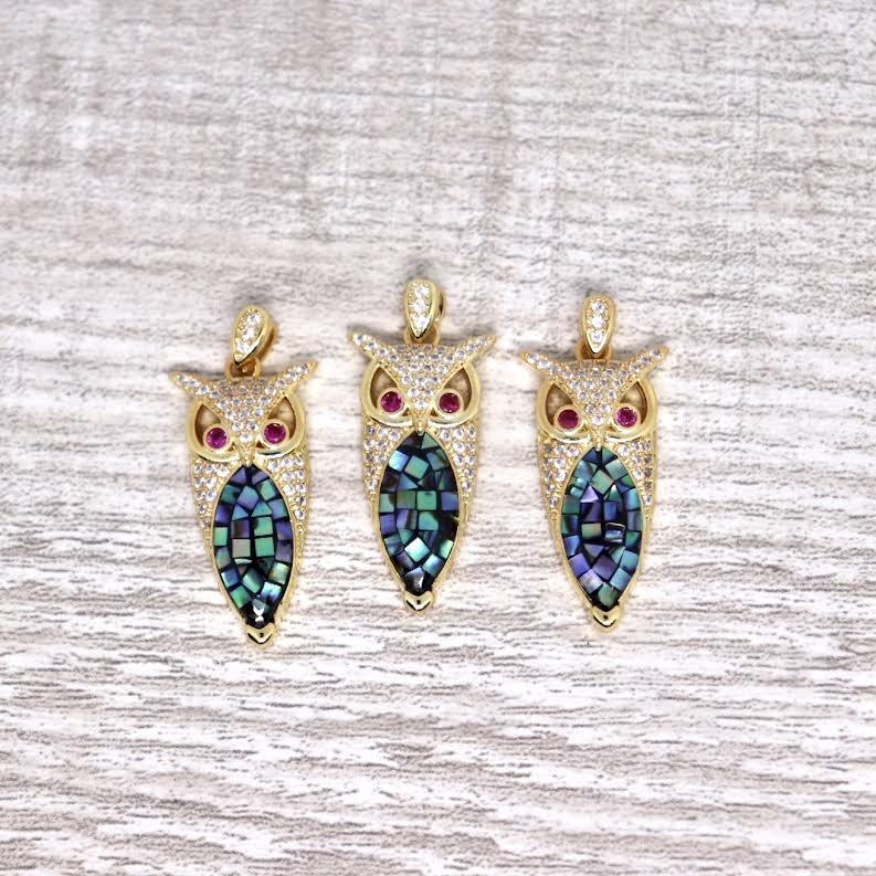 Abalone Micro Pave Owl Pendant