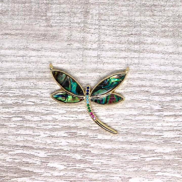 Plated Abalone Micro Pave Dragonfly Pendant