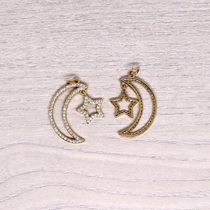 Micro Pave Crescent Moon with Hanging Star