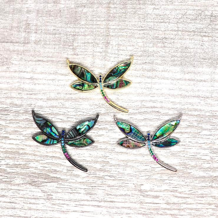 Plated Abalone Micro Pave Dragonfly Pendant