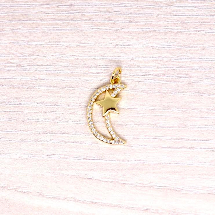 Micro Pave Crescent Moon Star Pendant