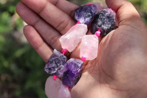 Natural Raw Citrine Rough / Rose Quartz & Amethyst Rough Crystalline Nuggets Strand