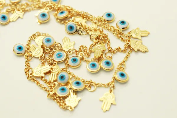 18KT GOLD PLATED EVIL EYE & HAND CHAIN 4MM | ONE FOOT