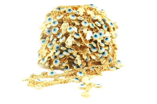 18KT GOLD PLATED EVIL EYE & HAND CHAIN 4MM | ONE FOOT – Beads And Wires