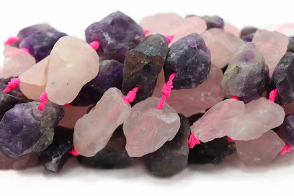 Natural Raw Citrine Rough / Rose Quartz & Amethyst Rough Crystalline Nuggets Strand