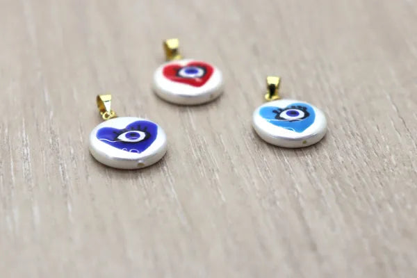 Hand-Painted Evil Eye Heart Pearl Pendant