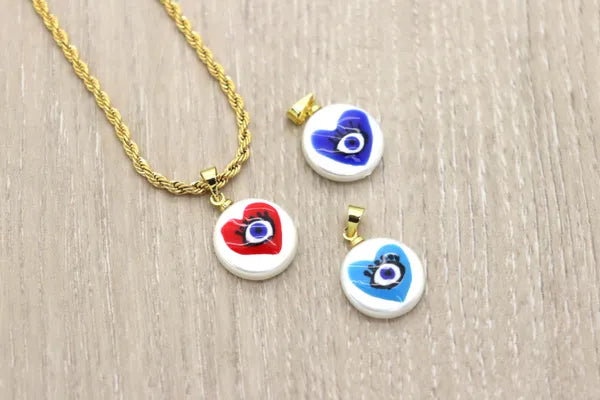 Hand-Painted Evil Eye Heart Pearl Pendant