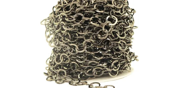 STAINLESS STEEL GUN METAL TEXTURED FLAT CIRCLE CHAIN 10.5MM | ONE FOOT